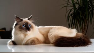 茶色い尻尾の白猫がくつろぐ様子