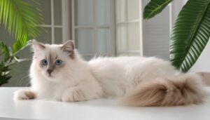 グリーンの葉と窓辺の白猫