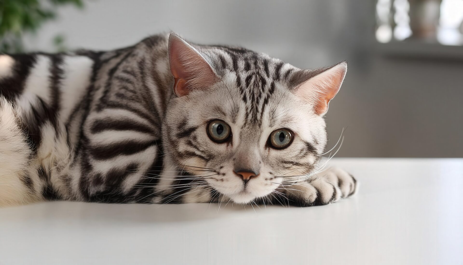 テーブルに伏せるアメリカンショートヘア