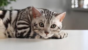 テーブルに伏せるアメリカンショートヘア