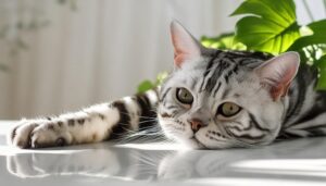 葉の下でくつろぐアメリカンショートヘア