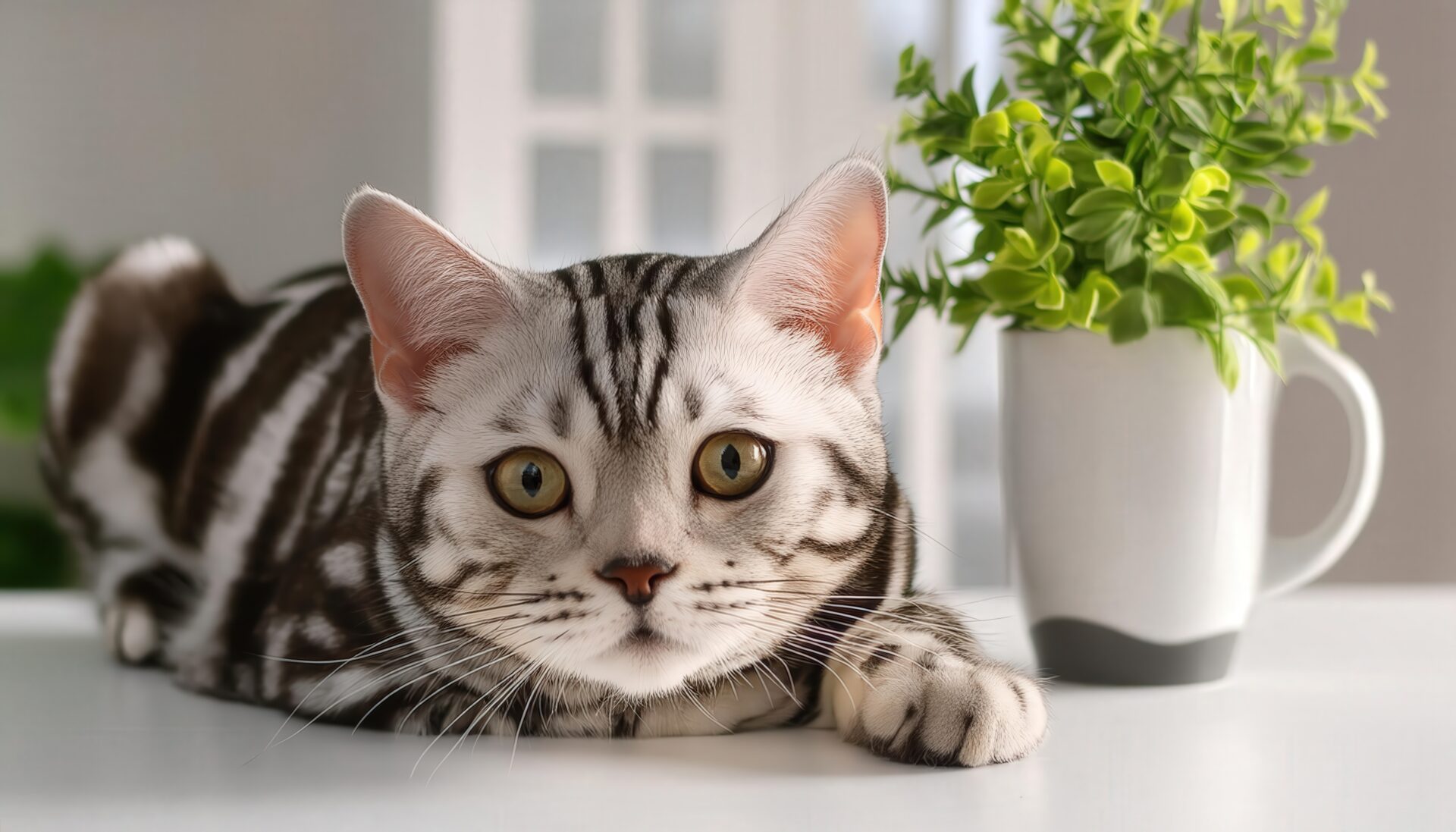 植物とカップとアメリカンショートヘア