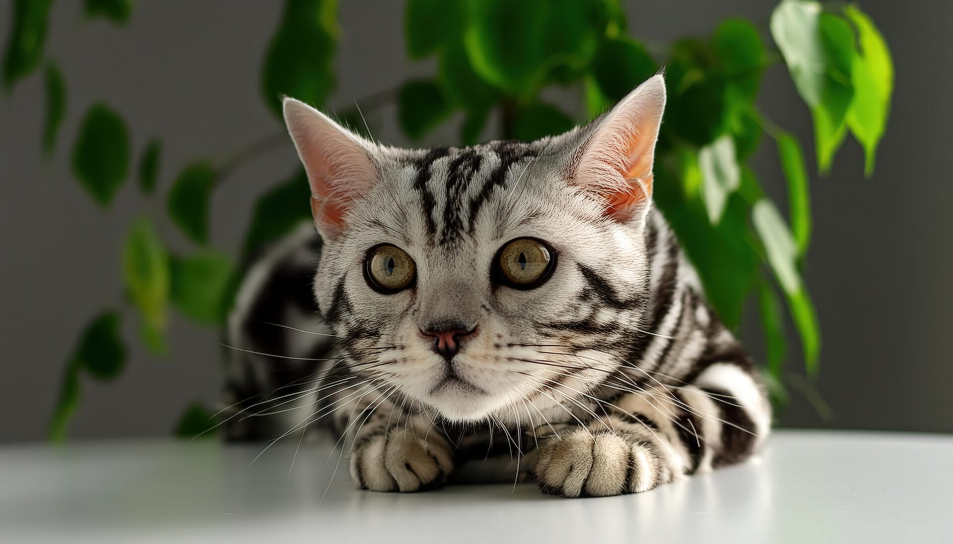 緑の葉を背景にしたアメリカンショートヘア