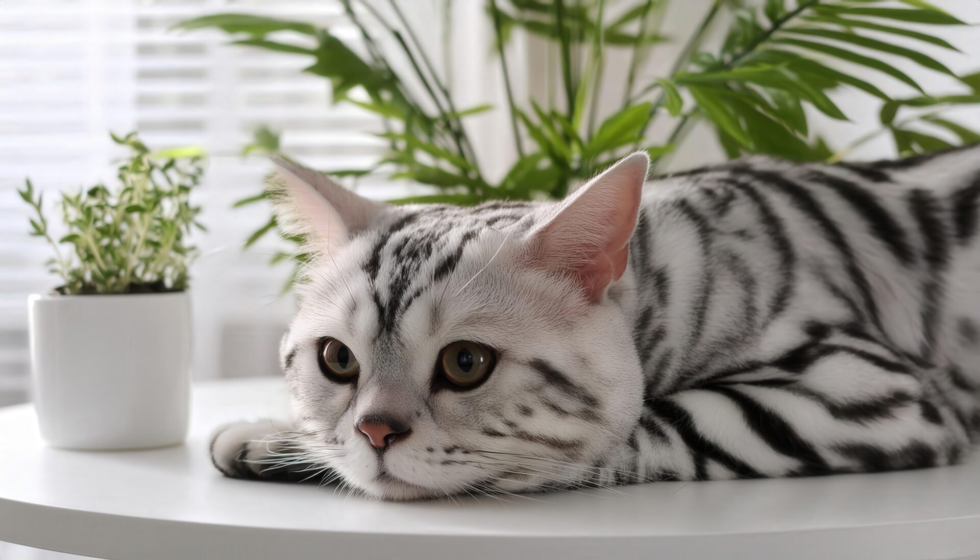 観葉植物の横に横たわる銀色のアメリカンショートヘア
