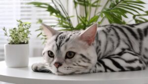観葉植物の横に横たわる銀色のアメリカンショートヘア