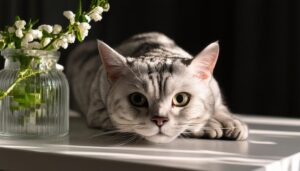 白い花と植物の隣に佇む銀色のアメリカンショートヘア