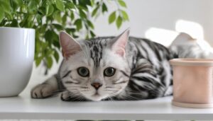 観葉植物と装飾品の横に横たわる銀色のアメリカンショートヘア
