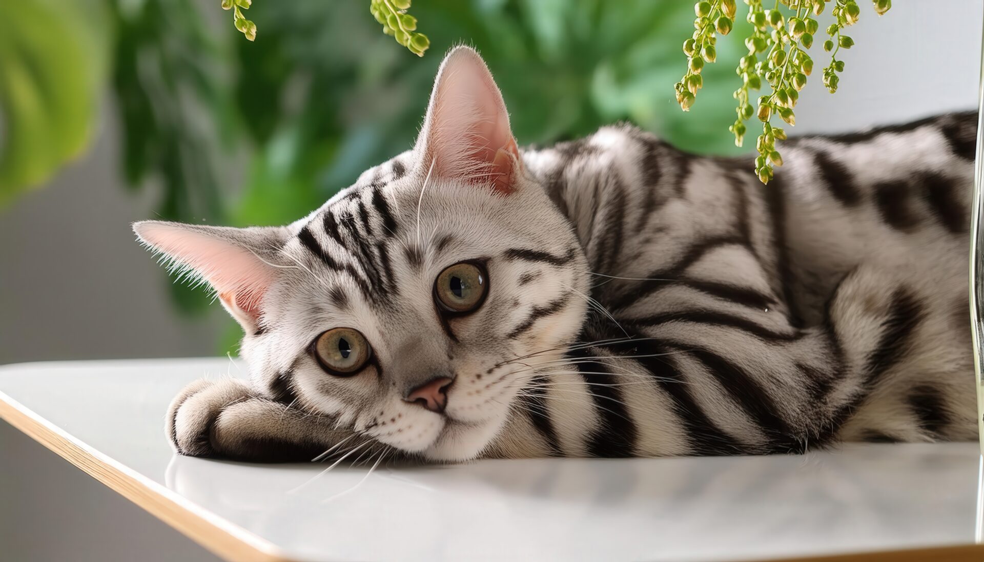 緑の葉と共に横たわる銀色のアメリカンショートヘア