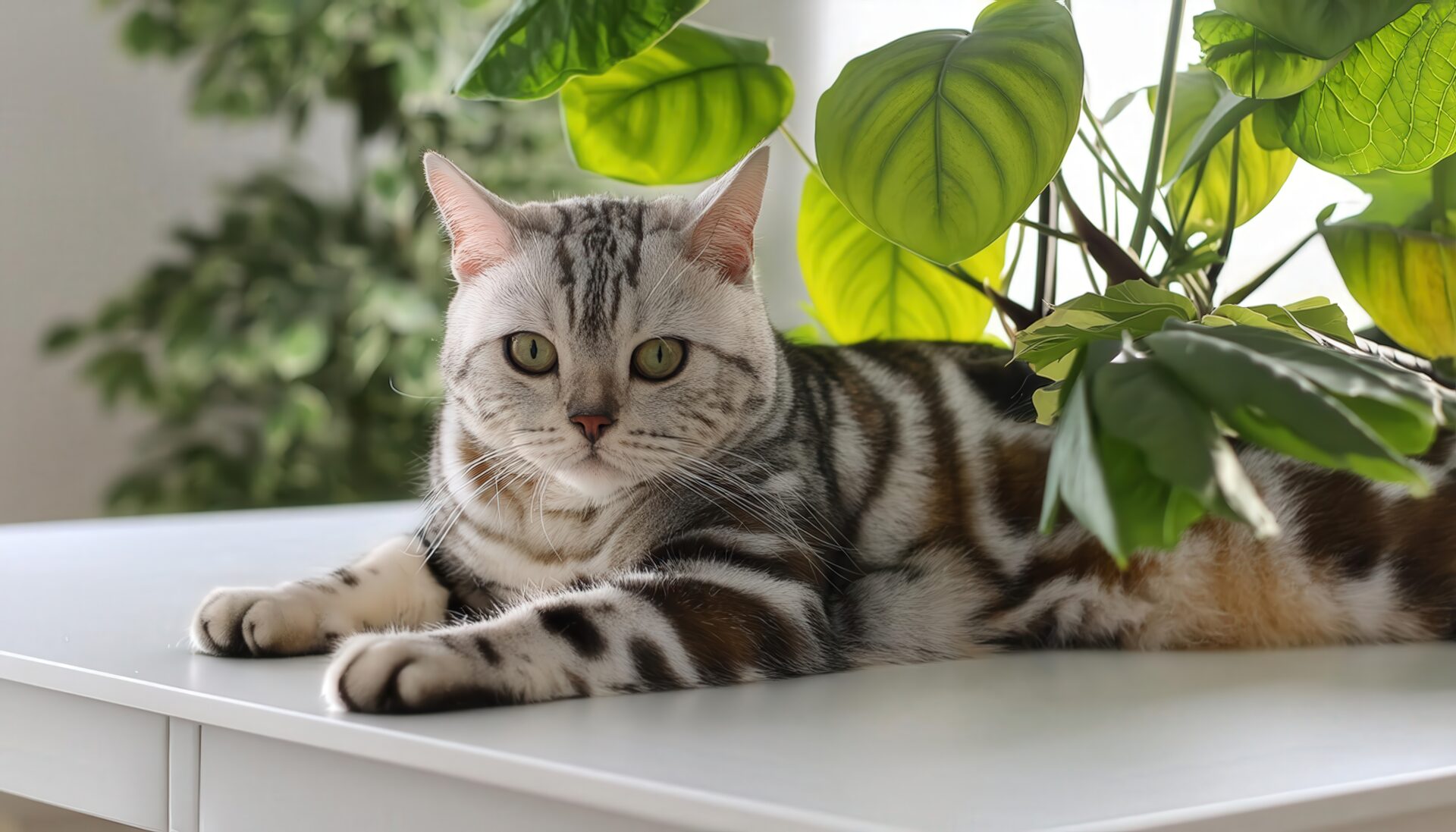 大きな観葉植物の傍らに横たわる銀色のアメリカンショートヘア