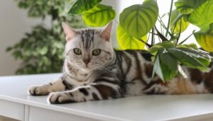 大きな観葉植物の傍らに横たわる銀色のアメリカンショートヘア