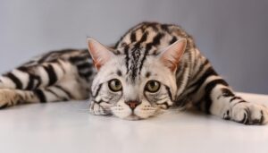 広がって伏せるアメリカンショートヘア