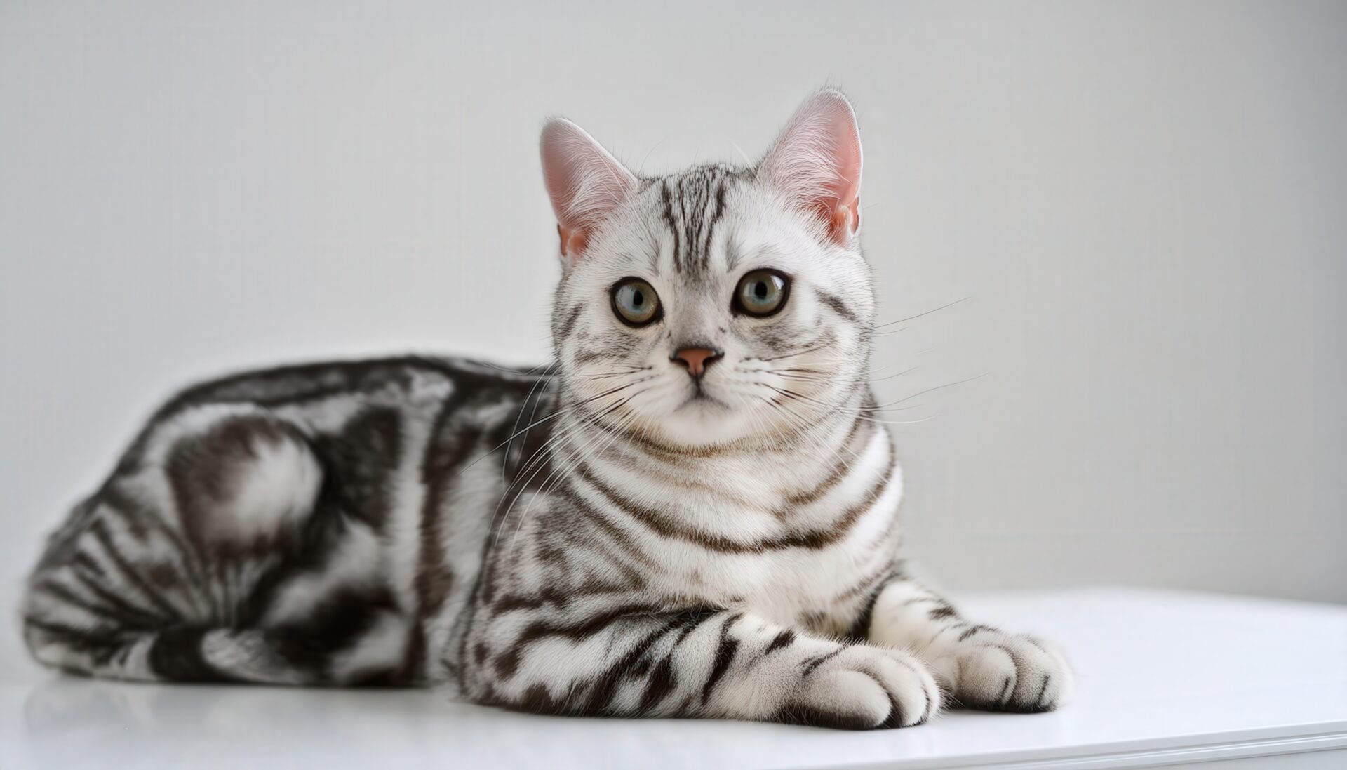 白背景に座るアメリカンショートヘア