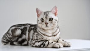 白背景に座るアメリカンショートヘア