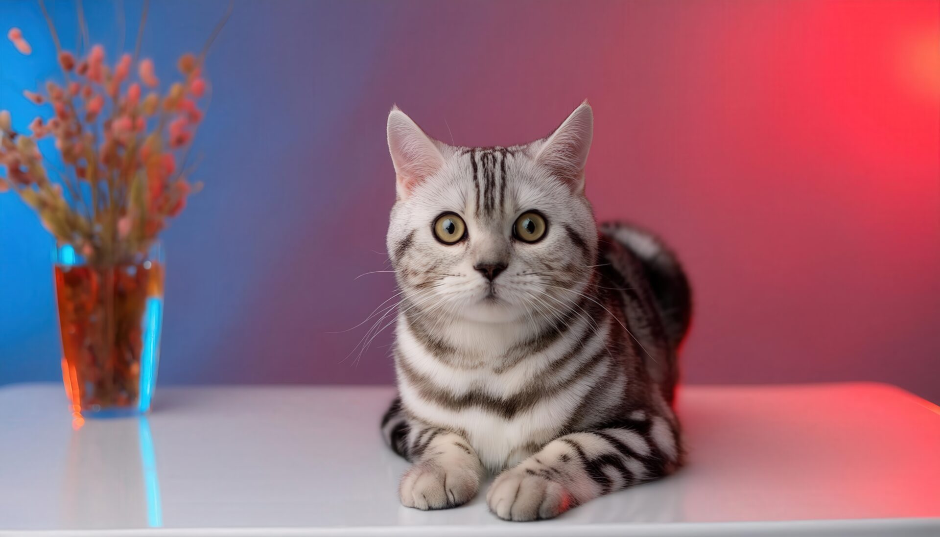 赤青ライティングのアメリカンショートヘア