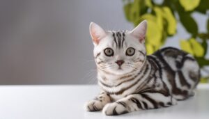 葉の前で座るアメリカンショートヘア