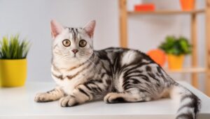 鮮やかな室内とアメリカンショートヘア