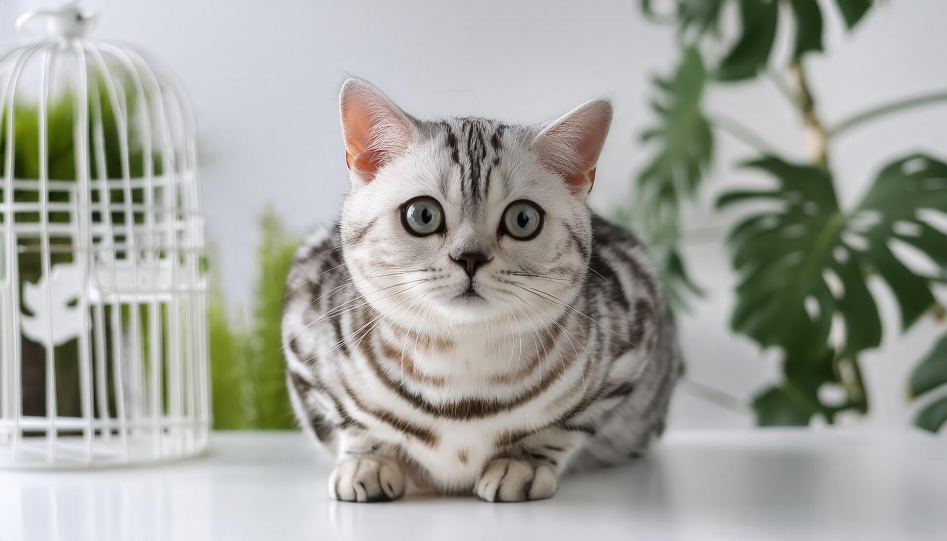 アメリカンショートヘアのポートレート（観葉植物背景）