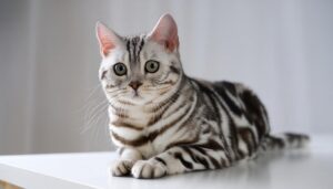 白いテーブルに座るアメリカンショートヘア