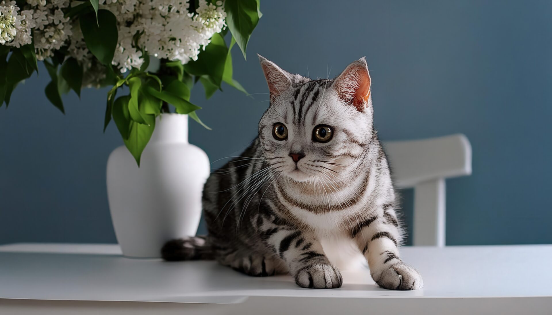 白い花瓶とアメリカンショートヘア