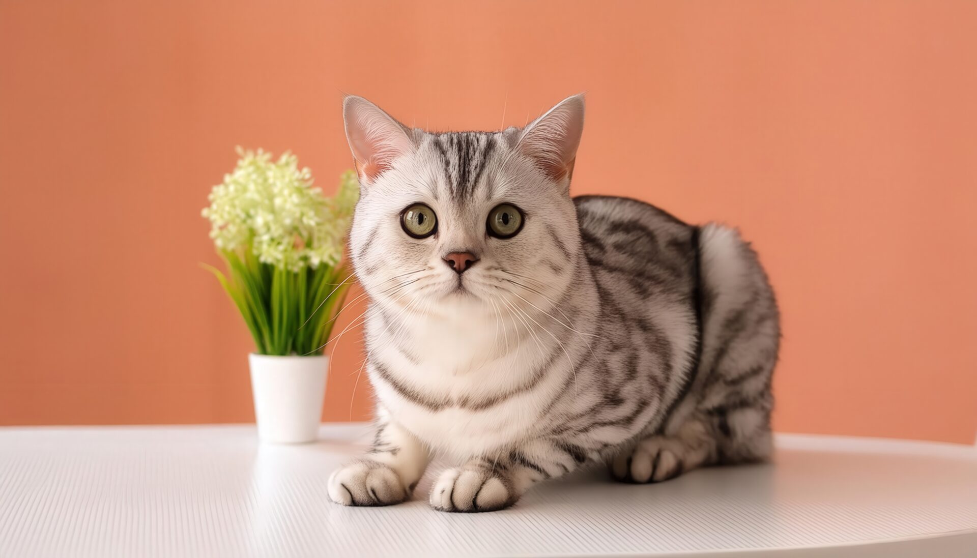 ピンク背景とアメリカンショートヘアのポートレート