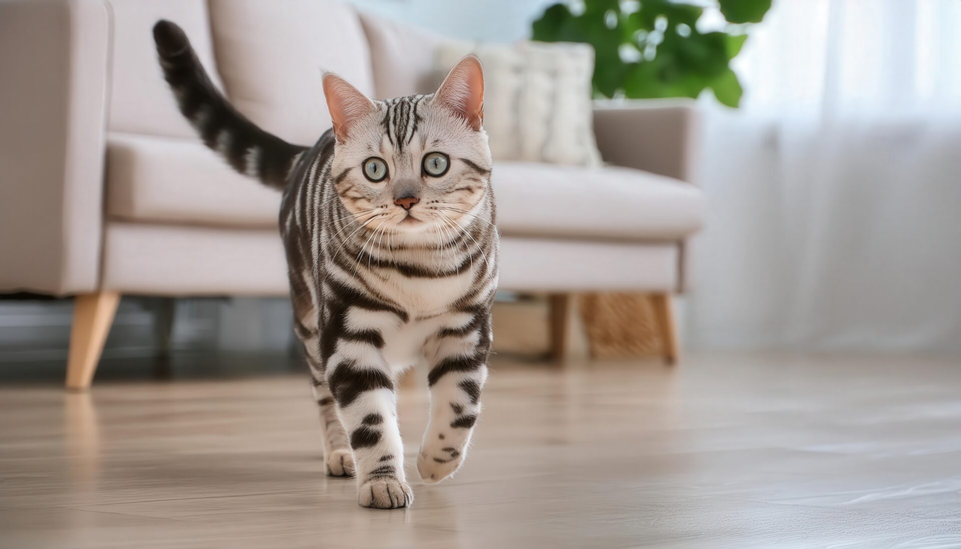 室内を歩くアメリカンショートヘア（ソファ背景）