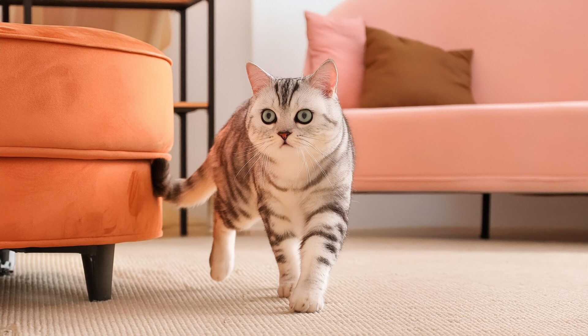 オレンジとピンクのインテリアとアメリカンショートヘア