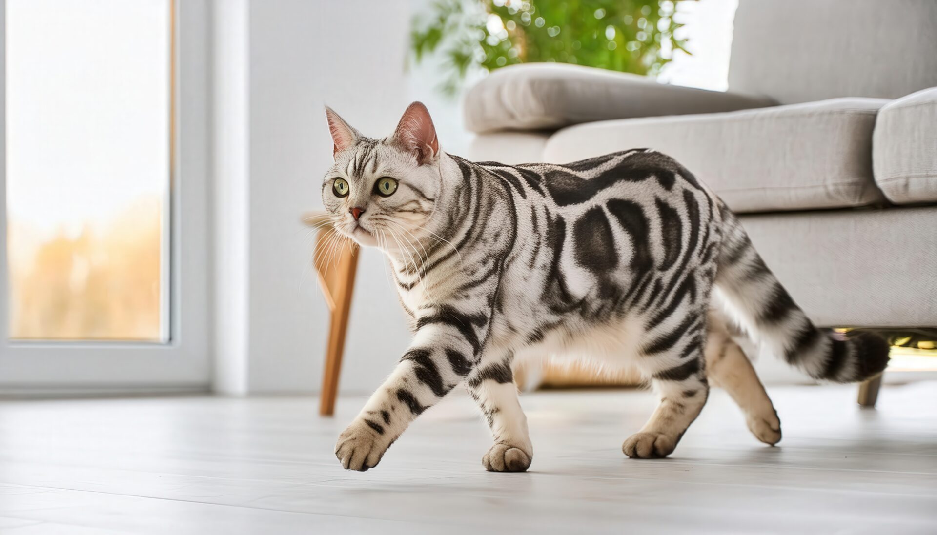 朝日差し込む室内のアメリカンショートヘア