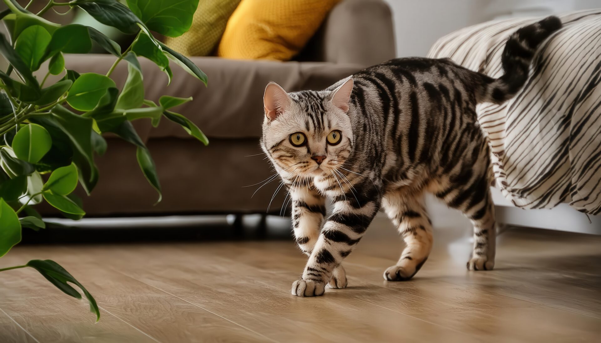 室内で植物のそばを歩くアメリカンショートヘア