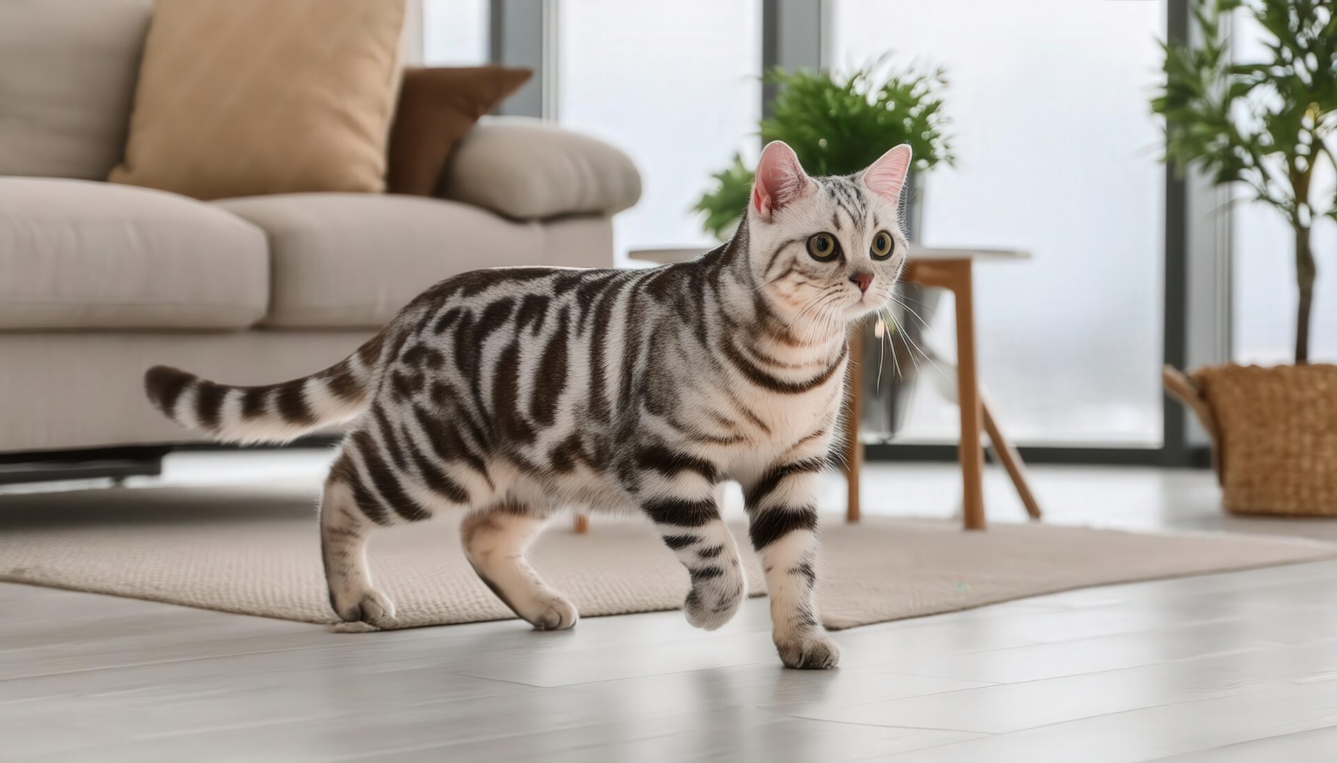 モダンな部屋で歩くアメリカンショートヘア