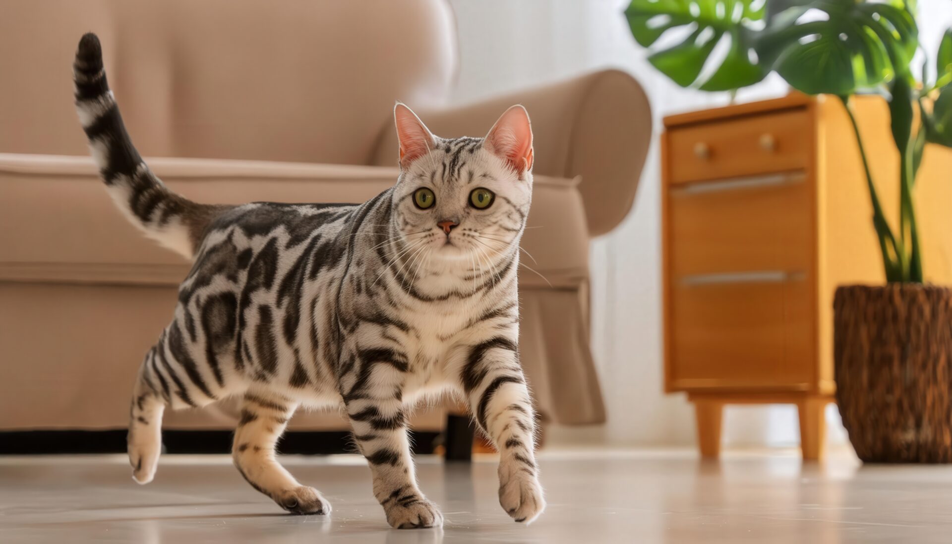 室内を歩くアメリカンショートヘアと観葉植物