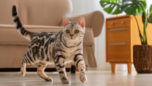 室内を歩くアメリカンショートヘアと観葉植物