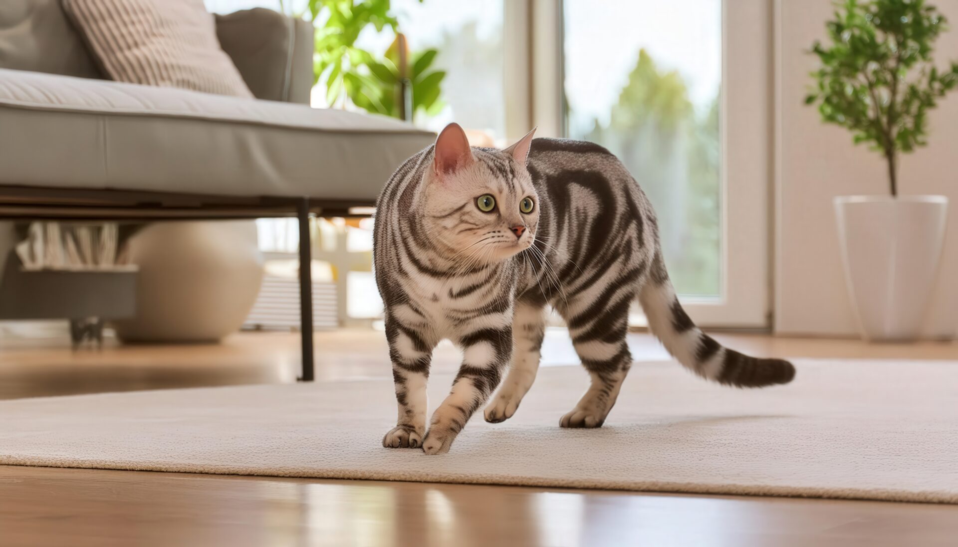 光差し込むリビングのアメリカンショートヘア