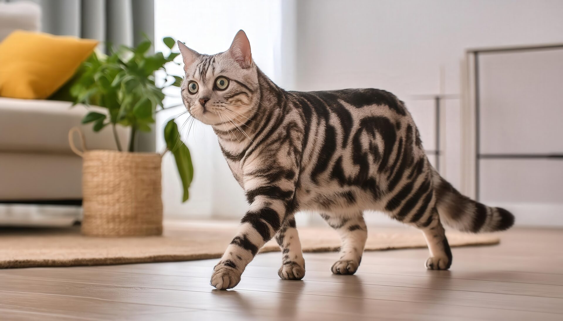 室内を元気に歩くアメリカンショートヘア