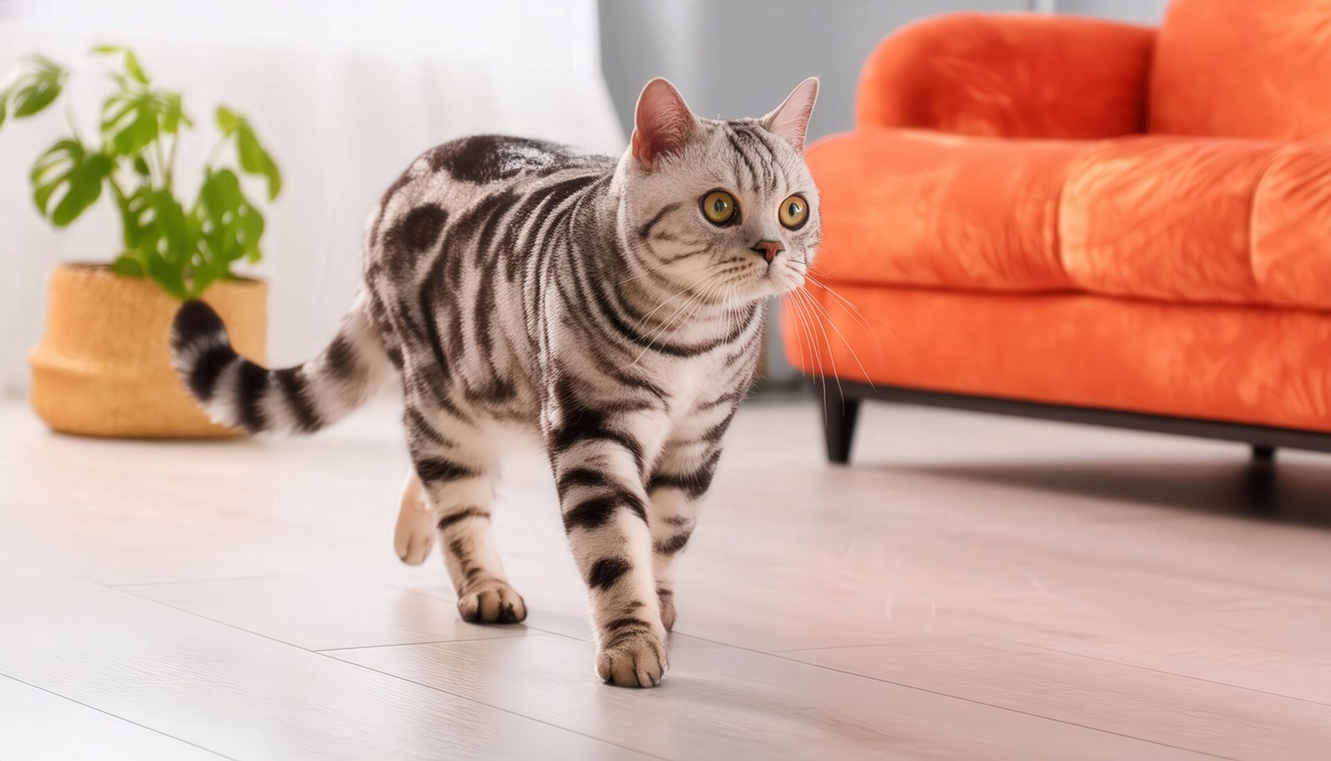 オレンジソファとアメリカンショートヘア