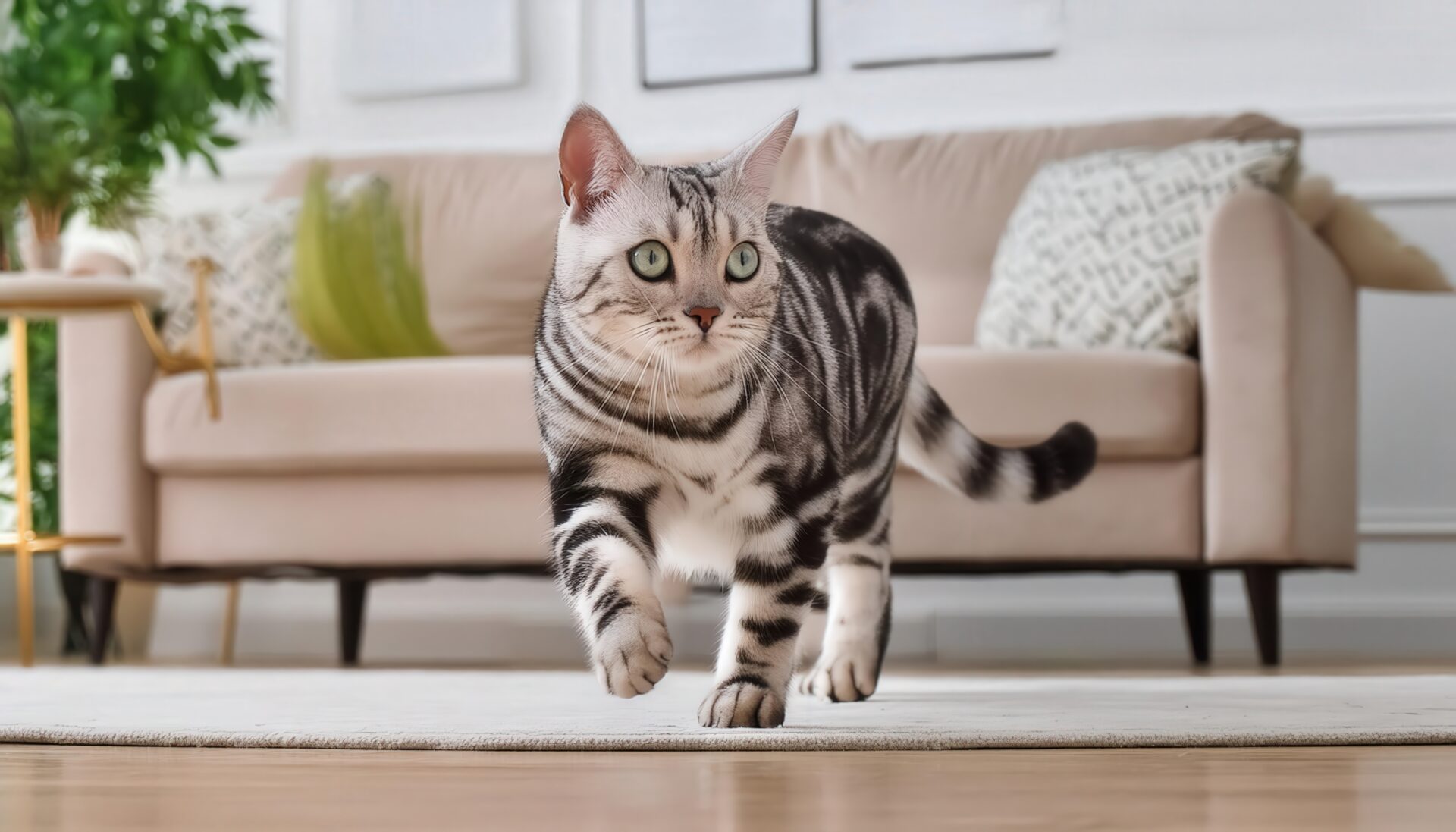 カーペットの上を歩くアメリカンショートヘア