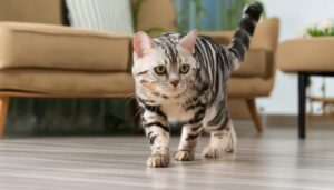 室内を歩くアメリカンショートヘアとベージュソファ