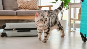 スーツケースと猫のいる室内風景