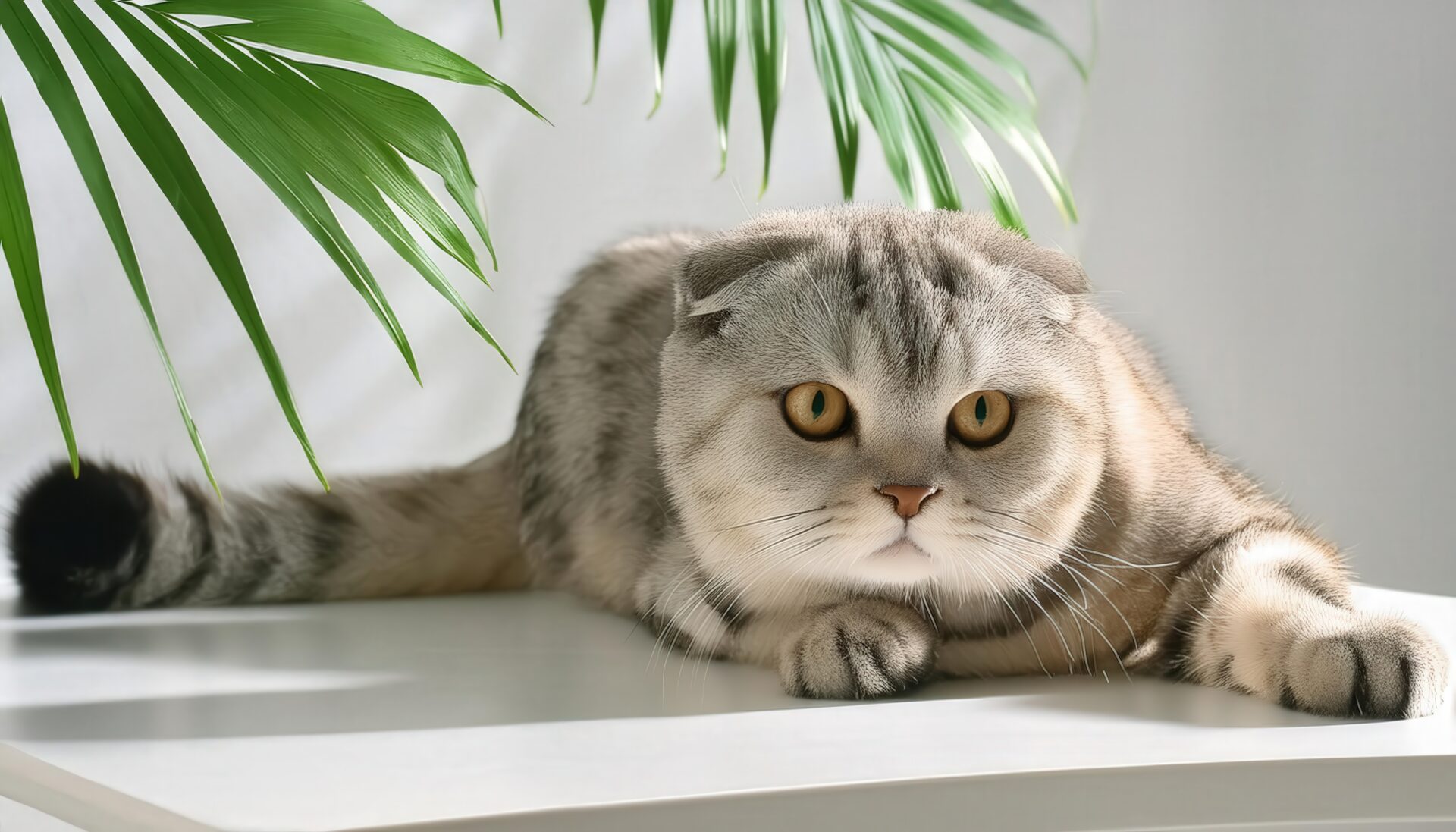 テーブルの上でくつろぐスコティッシュフォールド