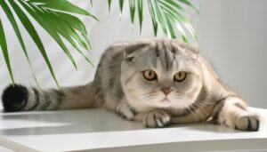 テーブルの上でくつろぐスコティッシュフォールド