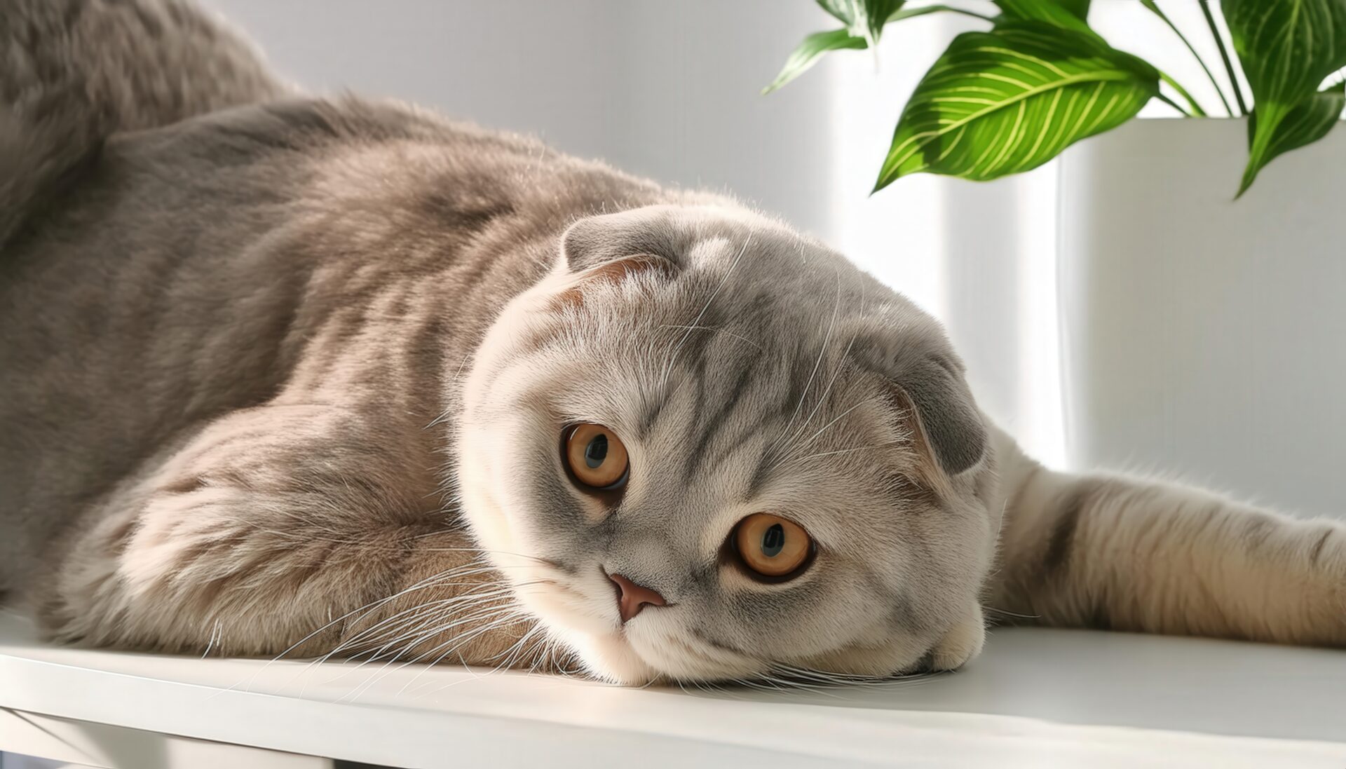 横たわるスコティッシュフォールドと植物