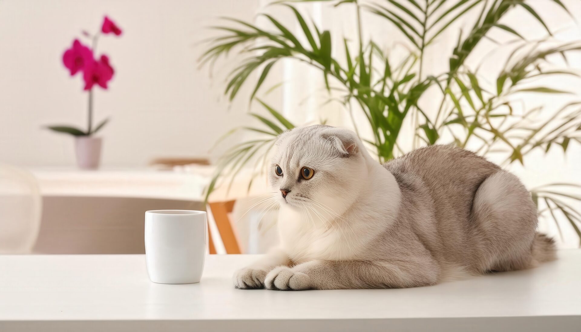 コップを見つめる猫と観葉植物