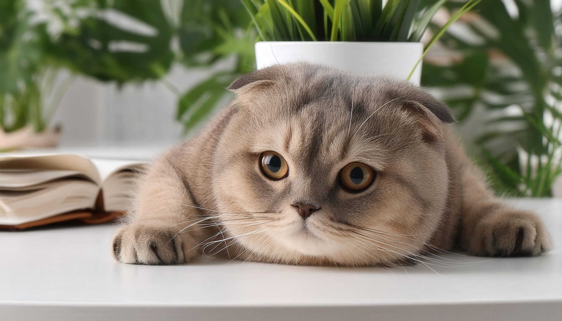 本と観葉植物と猫のリラックス時間