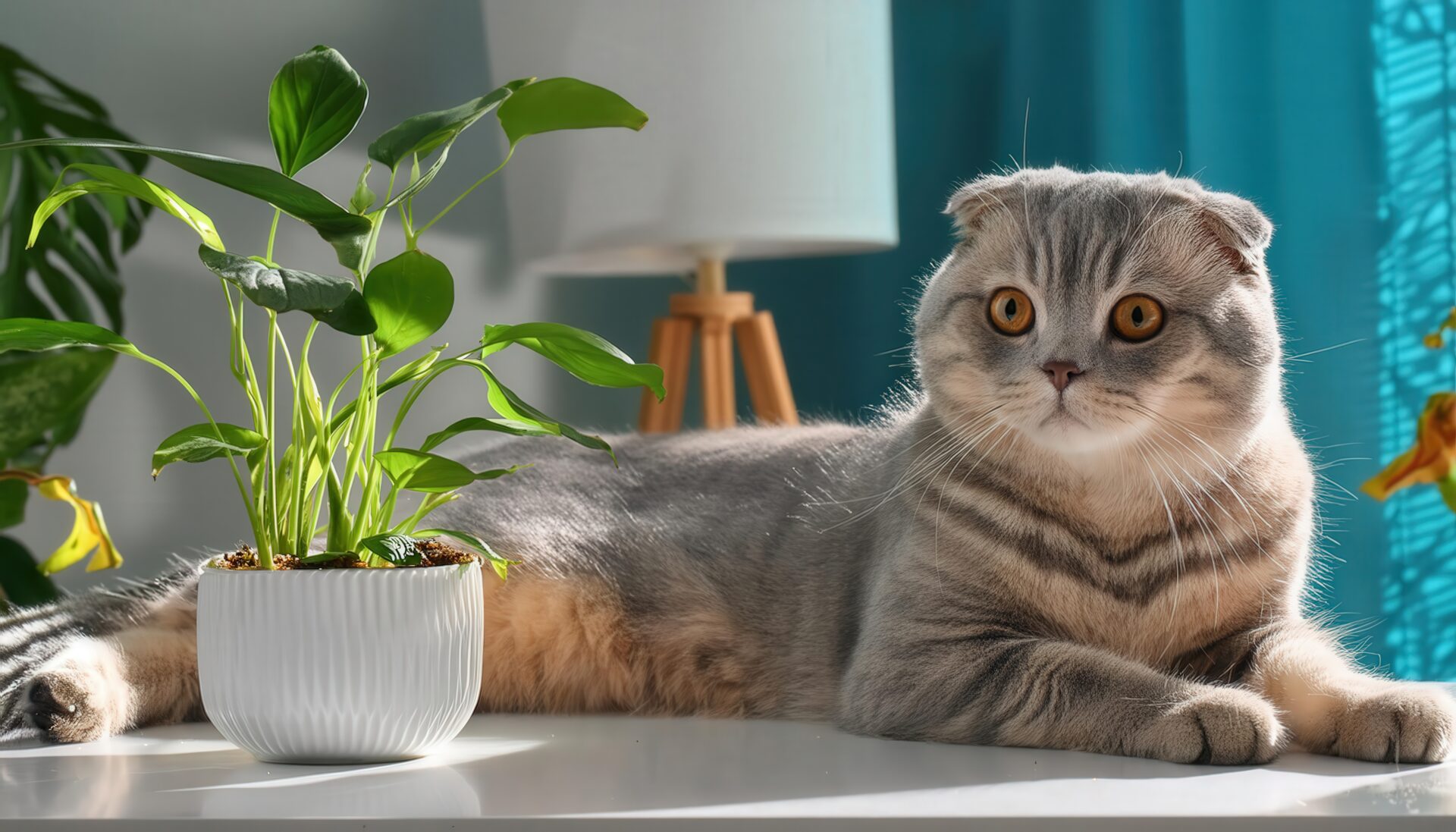 観葉植物とスコティッシュフォールドの横たわる姿