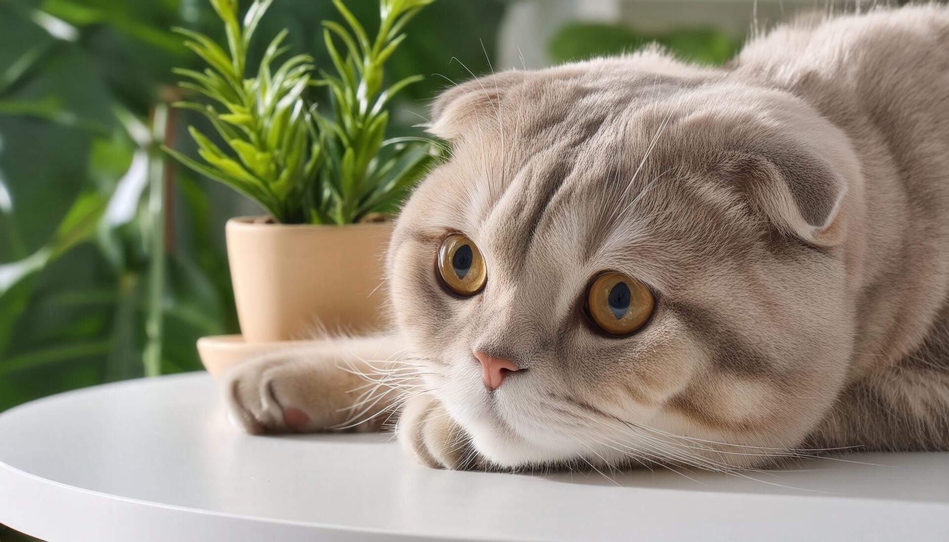 観葉植物とスコティッシュフォールドのアップ