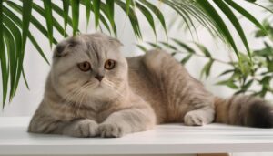 緑に囲まれたテーブルの上の猫