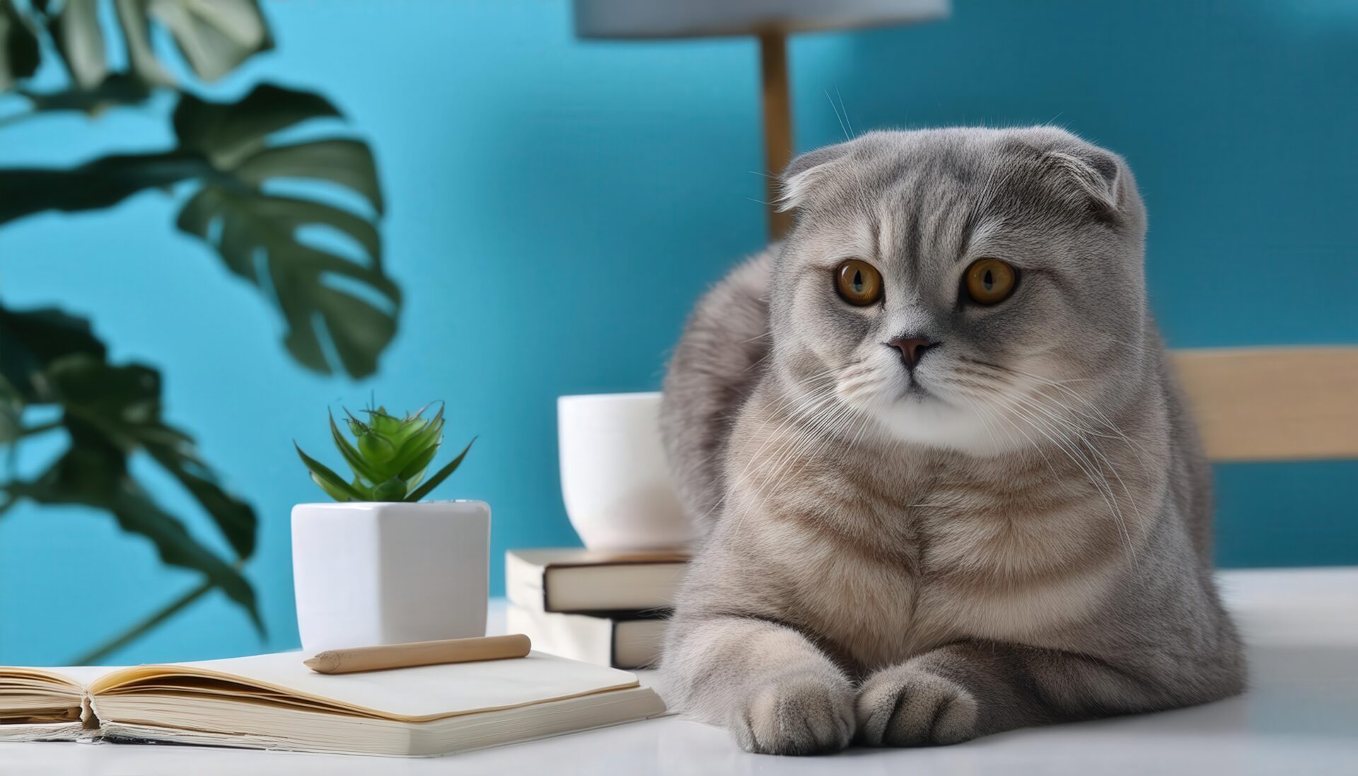 ノートと鉢植えとくつろぐ猫