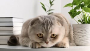 本と植物に囲まれて伏せる猫