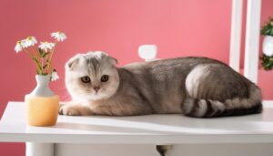 ピンク背景と花瓶の横でくつろぐ猫