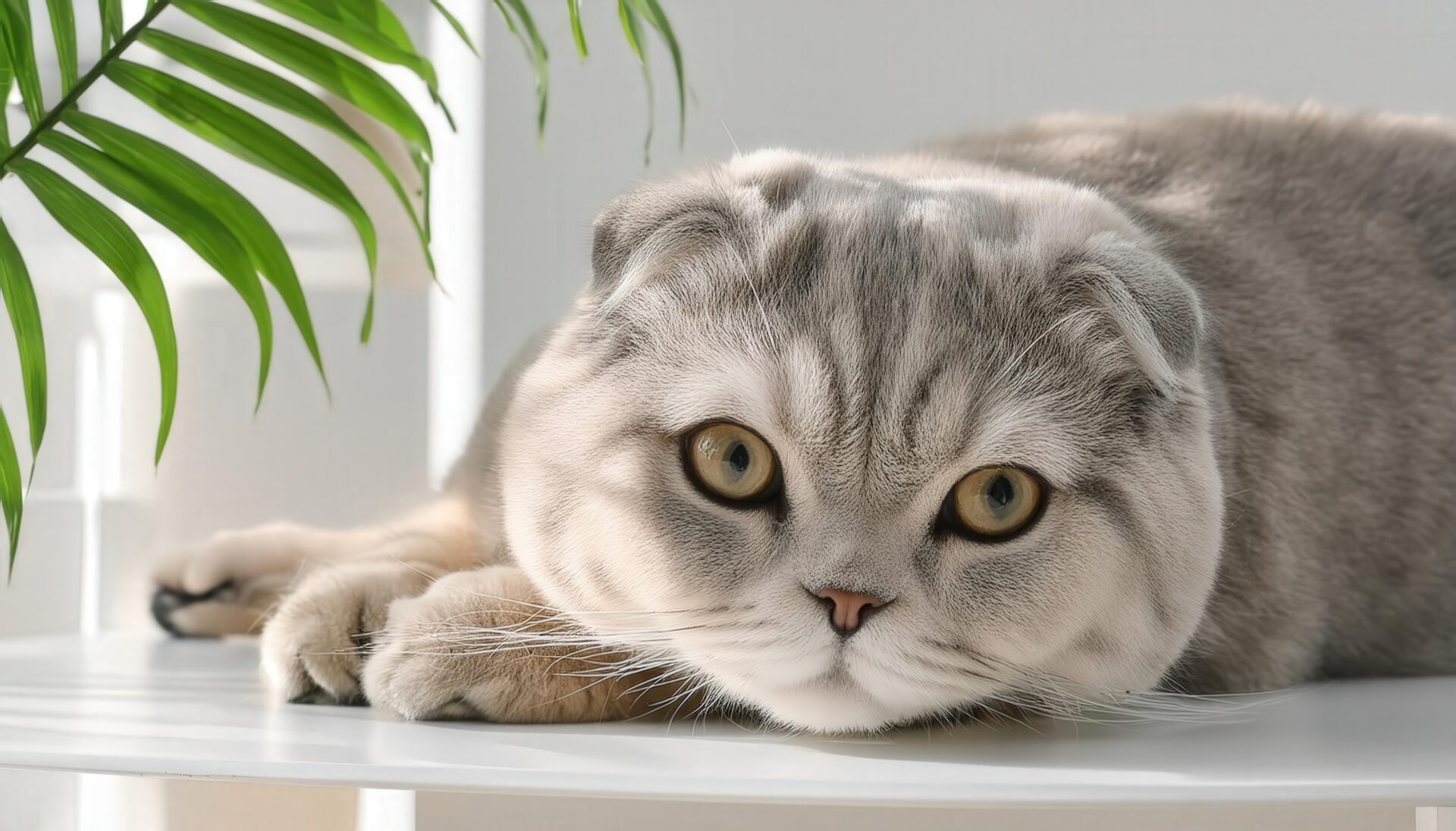 観葉植物の影とグレーの猫