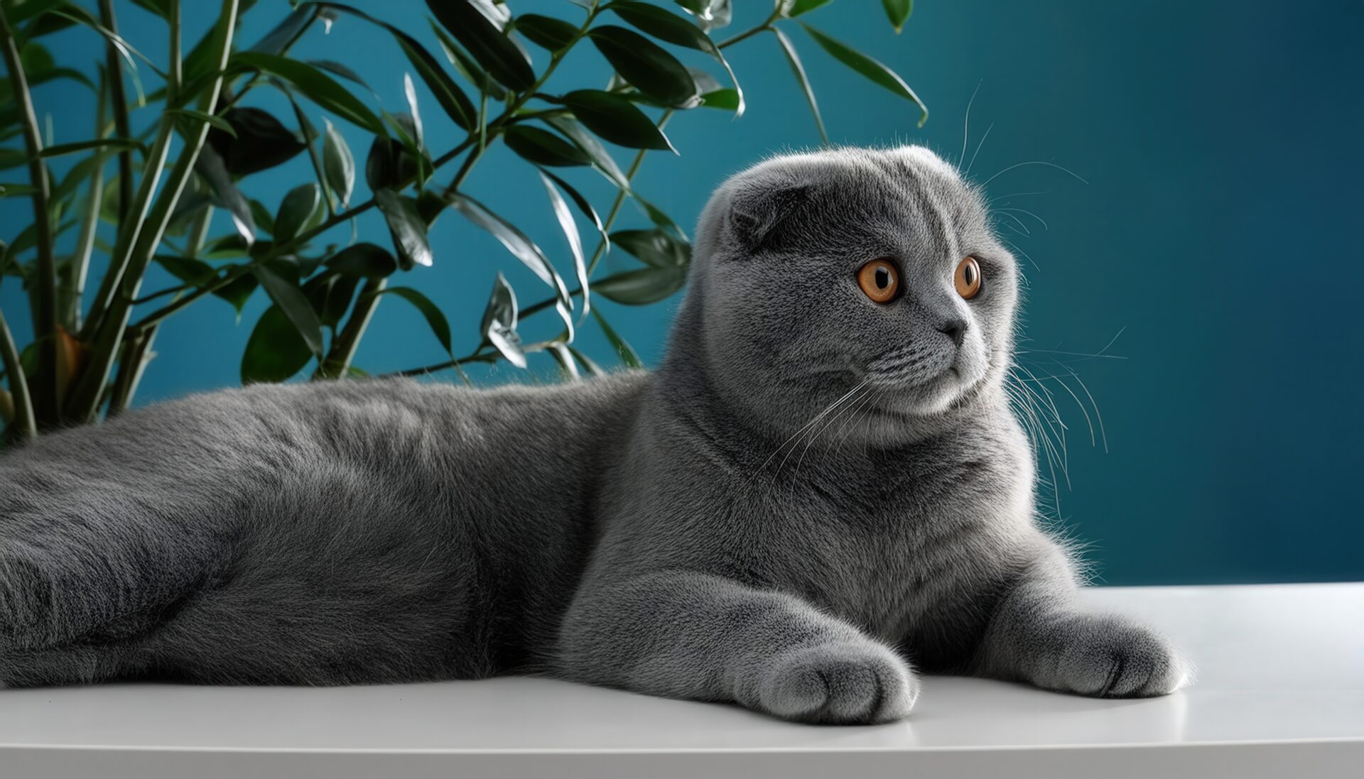 青背景に映えるグレーの猫